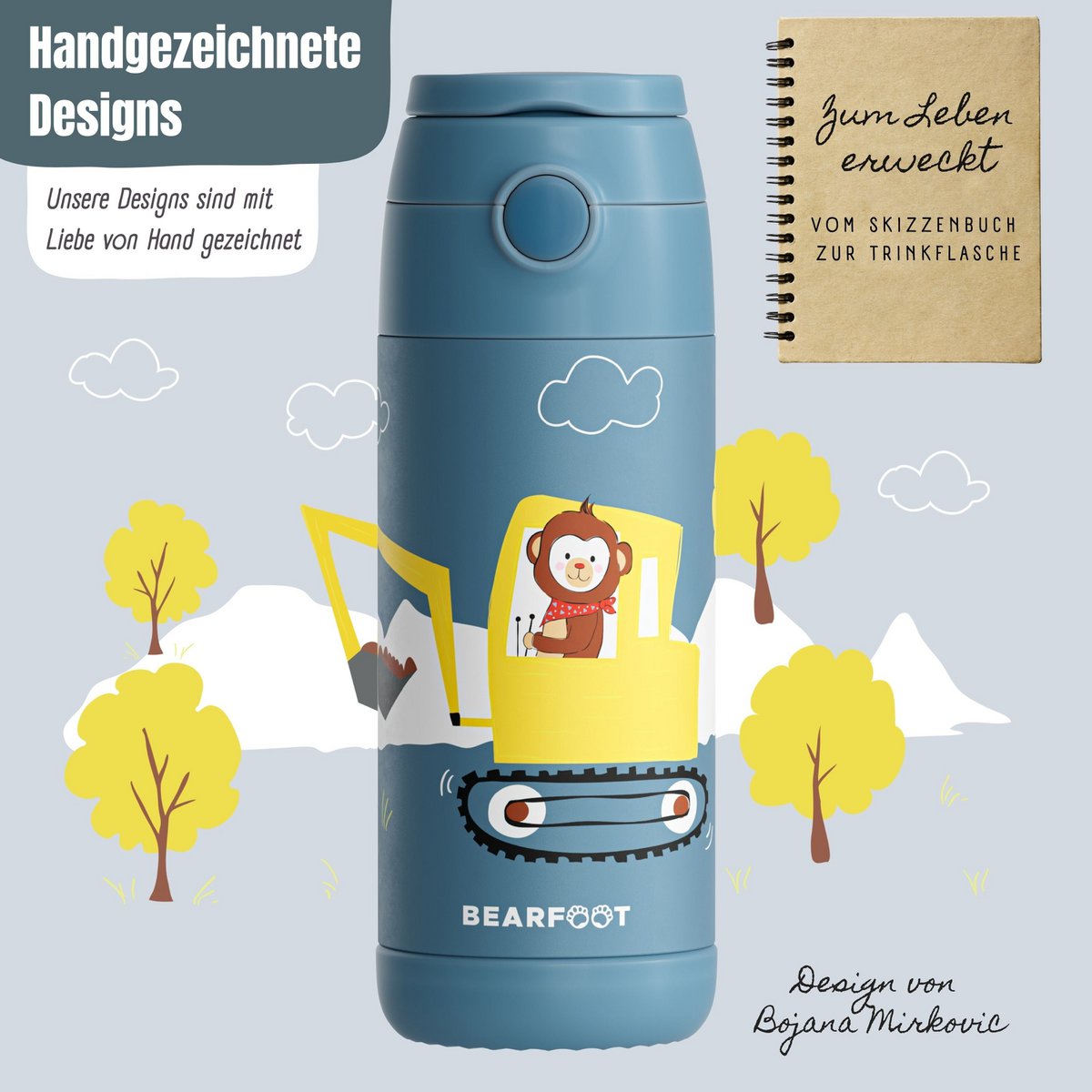 Thermo kinderdrinkfles RVS - graafmachine aap blauw
