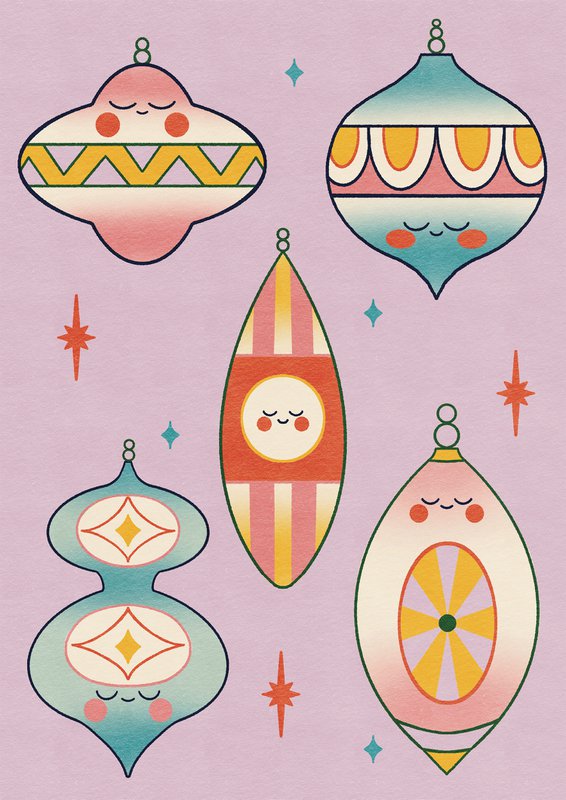 Vintage Kawaii Ornaments Holiday Greeting Card
