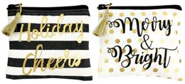 This image shows a set of two handbags or pouches. The first one has a black and white striped pattern with gold accents, and the text "Merry & Bright" written on it. The second one has a white background with the text "Merry & Bright" written in a cursive font, also with gold accents. Both bags have a zipper closure and a tassel detail.