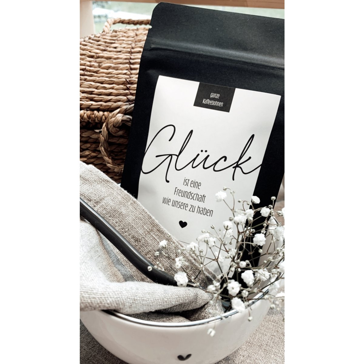Koffiebonencadeau “Lucky Friend” – Midi-zakje van 50 g zwart – souvenir vriendschap gefeliciteerd