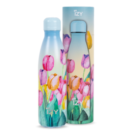 Colorful tulip field-themed thermos bottle with a capacity of 500ML, featuring a double-walled design to keep contents warm for 12 hours.