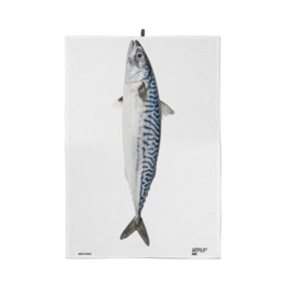  Decorative fish-patterned cotton tea towel in white and blue colors.