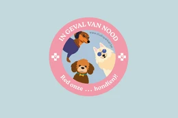 Colorful pet sticker with cartoon dog and cat characters, featuring the text "Save my dogs" in Dutch. The sticker appears to be placed on a window or glass surface.