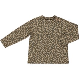 Khaki print shirt with long sleeves for baby. Floral print pattern in neutral colors.