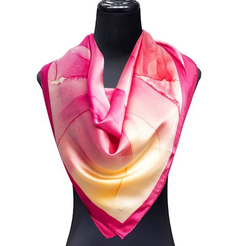 Pink Silk Scarf Square with Fluid Art Print