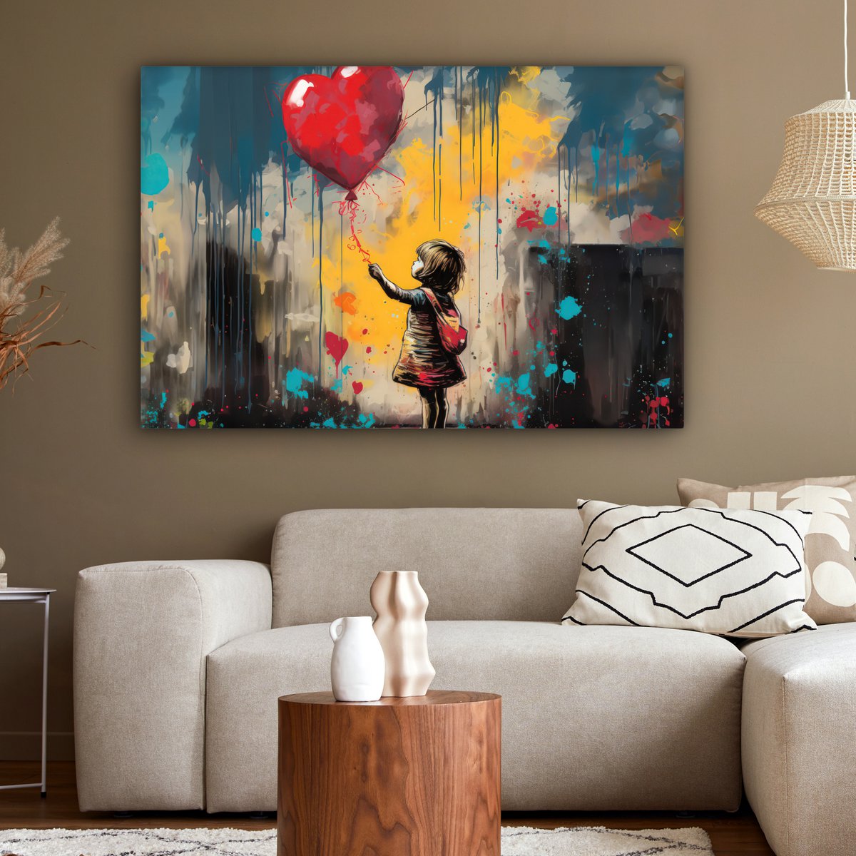 Canvas schilderij  - Wanddecoratie Meisje - Ballon - Hart - Graffiti - Muurdecoratie woonkamer - Slaapkamer decoratie - Kamer accessoires - Schilderijen op canvas