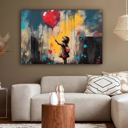 Canvas schilderij  - Wanddecoratie Meisje - Ballon - Hart - Graffiti - Muurdecoratie woonkamer - Slaapkamer decoratie - Kamer accessoires - Schilderijen op canvas
