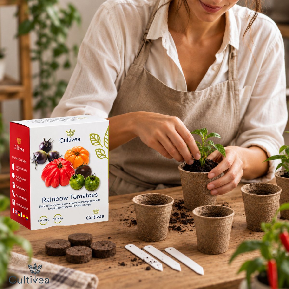 CULTIVEA® Organic* Tomatensamen-Set zum Pflanzen – 5 alte und farbenfrohe Sorten – Ochsenherztomate, Ananastomate, Grünes Zebra, Schwarzes Zebra, Physalis – Komplettes Tomatensetzlingsset mit Töpfen, Pastillen und Anleitung