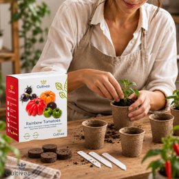 CULTIVEA® Organic* Tomatensamen-Set zum Pflanzen – 5 alte und farbenfrohe Sorten – Ochsenherztomate, Ananastomate, Grünes Zebra, Schwarzes Zebra, Physalis – Komplettes Tomatensetzlingsset mit Töpfen, Pastillen und Anleitung