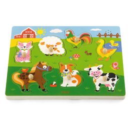 A colorful wooden puzzle featuring farm animals like a cow, chicken, pig, and horse. The puzzle has buttons that make sounds when pressed, providing an interactive and engaging experience for young children.