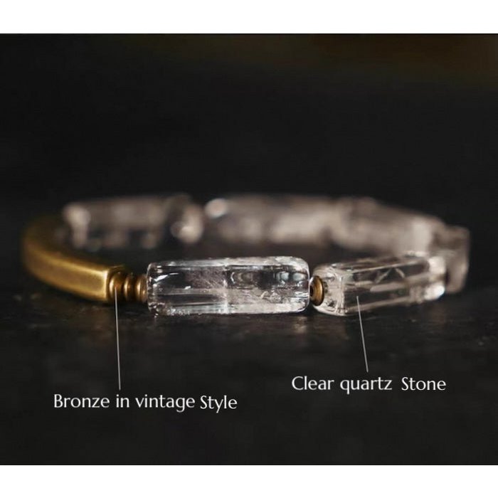 Clear Quartz Square Bar Bracelet with Bronze Charm