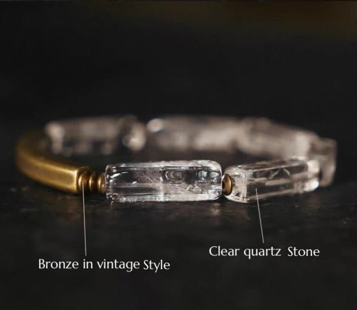 Clear Quartz Square Bar Bracelet with Bronze Charm