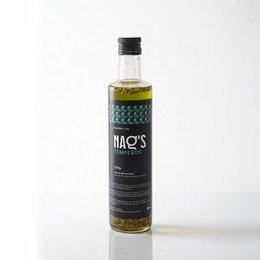 Golden garlic infused oil, black label bottle, culinary cooking oil with herbs and spices