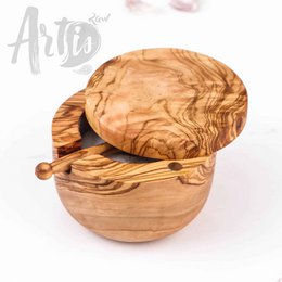 Salero de madera de olivo hecho a mano con tapa y cuchara