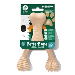 Beige chew toy in the shape of a bone. Made of natural rubber, CO2 neutral, and suitable for medium-sized dogs.