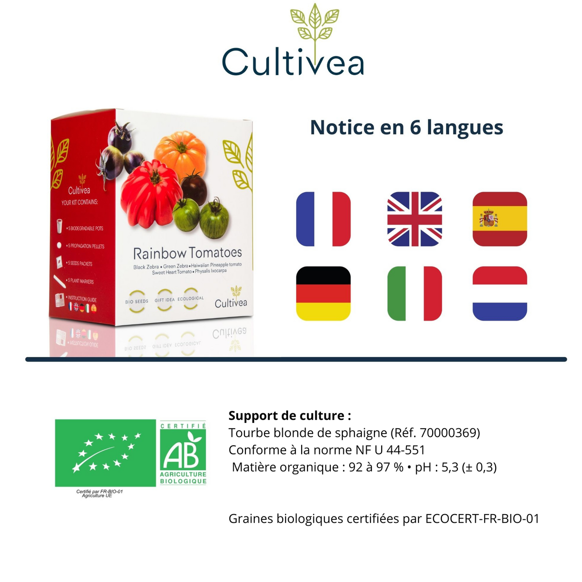 CULTIVEA® Organic* Tomatensamen-Set zum Pflanzen – 5 alte und farbenfrohe Sorten – Ochsenherztomate, Ananastomate, Grünes Zebra, Schwarzes Zebra, Physalis – Komplettes Tomatensetzlingsset mit Töpfen, Pastillen und Anleitung