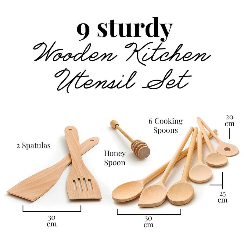 9 Piece Wooden Kitchen Utensil Set (Cooking Spoons, Spatulas, Honey Spoon)