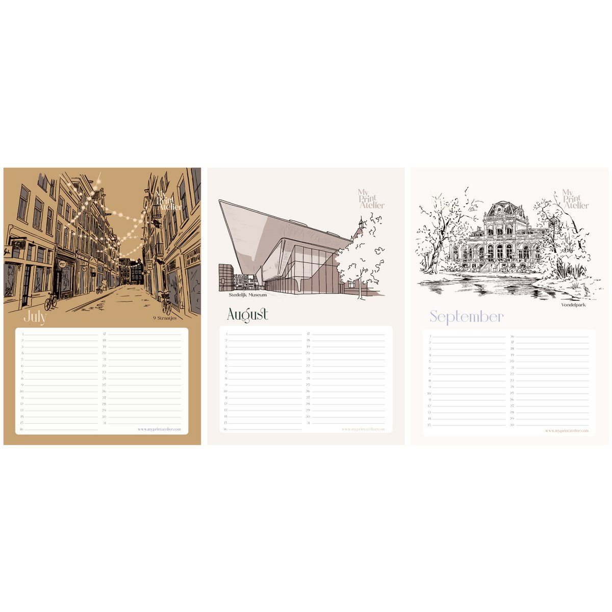 Verjaardagskalender Amsterdam Icons - Annet Weelink Design Amsterdam Schetsen - A4 - Eeuwigdurende Kalender - Premium Papier