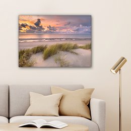Lærredsmaleri - vægdekoration - solnedgang - klit - strand - planter - hav
