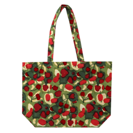  A reusable shopping bag with a vibrant pattern of red and green apples, perfect for carrying groceries or other items. The bag features sturdy handles and a roomy interior, making it a practical and stylish choice for eco-conscious shoppers.