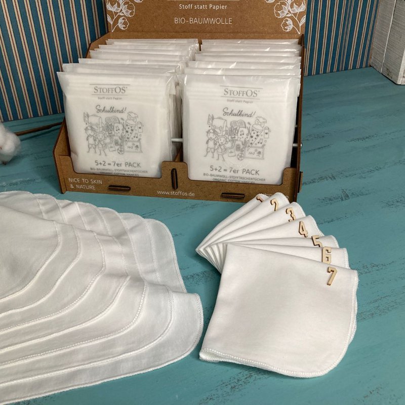 Children's cloth handkerchiefs white, organic cotton, school child 2+5=set of 7