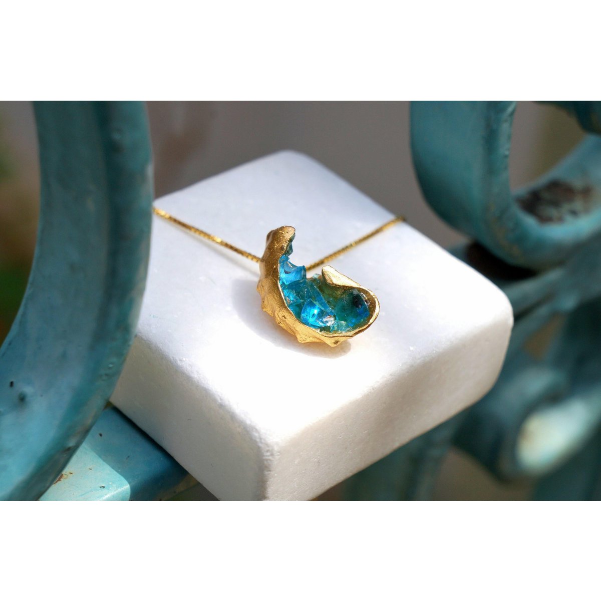 Sea Shell Necklace: Blue Murano Glass - Gold Plated Sterling Silver