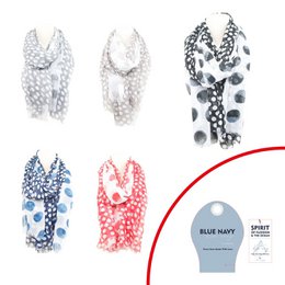 Blue navy polka dot design light summer scarf, 180 x 90 cm, women's soft and thin neck towel with points and sequins.