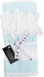 Mint green and white striped hand towel with fringed edges.