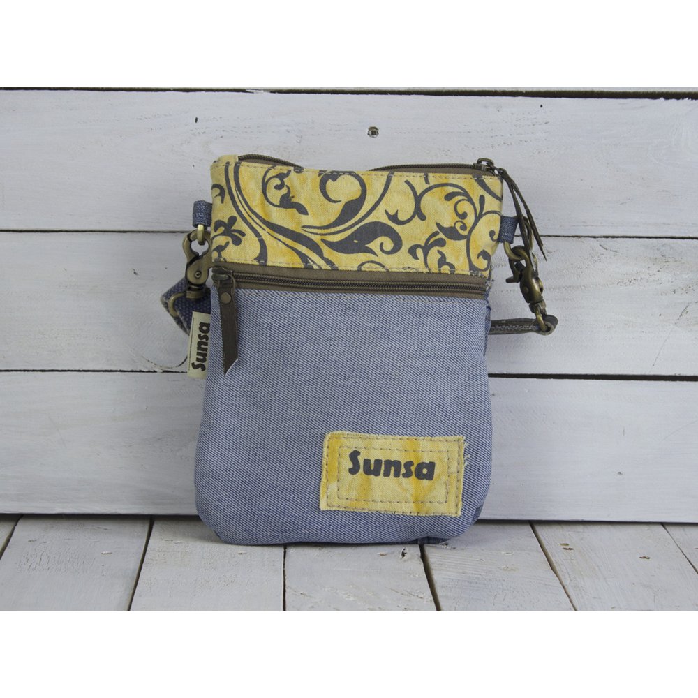Sunsa kleine Umhängetasche. Damen Schultertasche aus Upcycling Jeans und Canvas (Segeltuch). Handtasche Vintage Retro-Stil. Crossbody Tasche für Frauen.