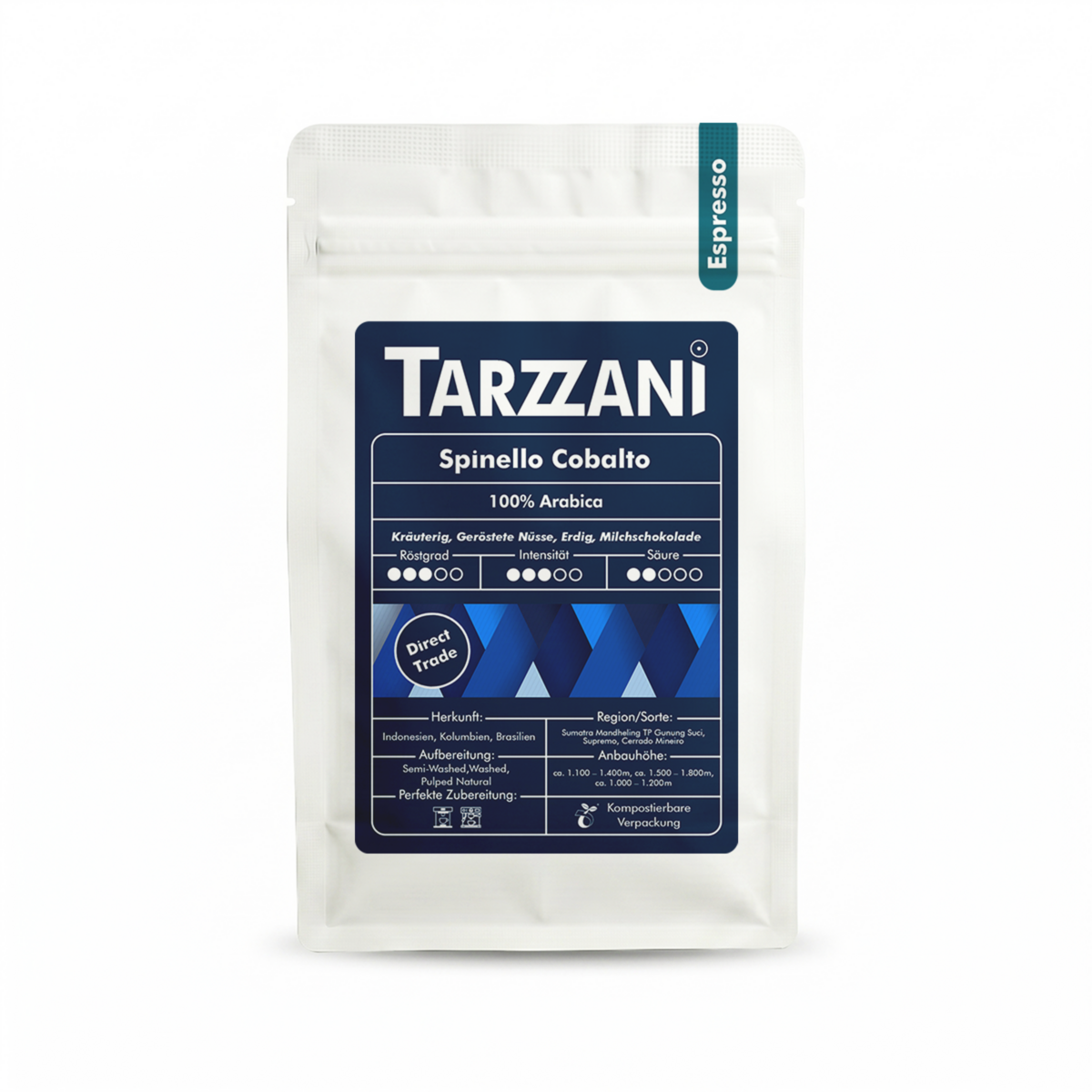 Ziarna espresso Spinello Cobalto, 100% ziaren kawy Arabica, obniżona zawartość kofeiny