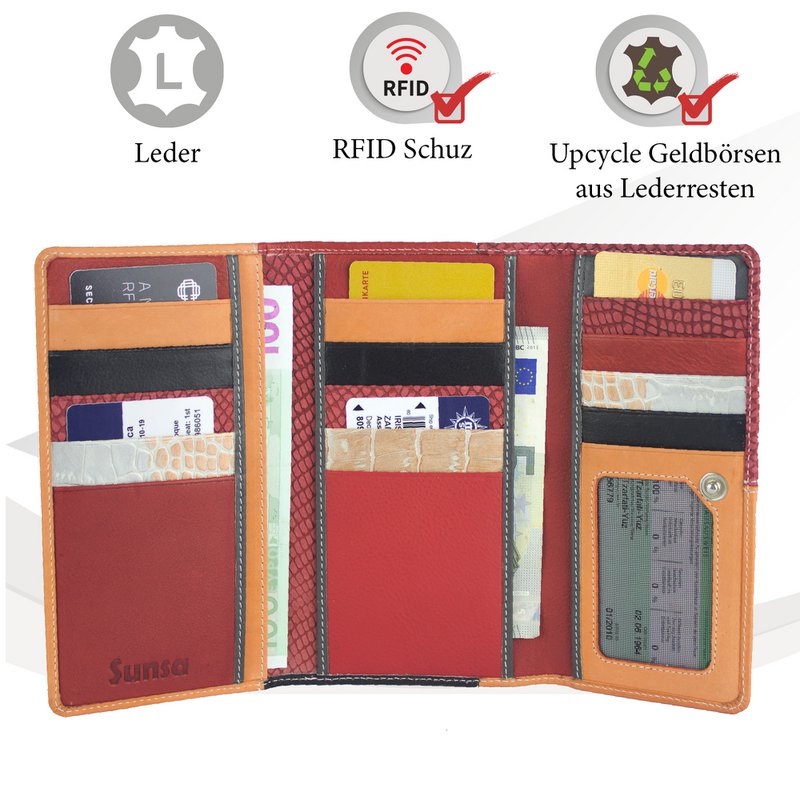 Sunsa women's wallet. leather purse. Wallet with RFID protection. Sustainable wallet made from leather scraps. Large women's wallet with many credit card compartments - wallet/purses for women the best gift idea.