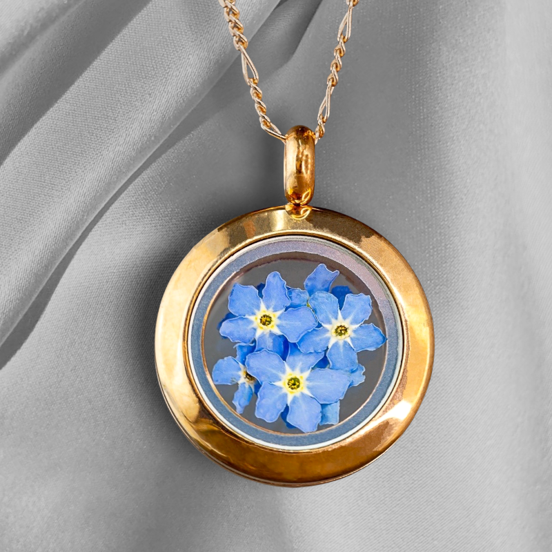 Medallón de Nomeolvides chapado en oro rosa - Collar chapado en oro de ley 925 con flores reales - K925-126