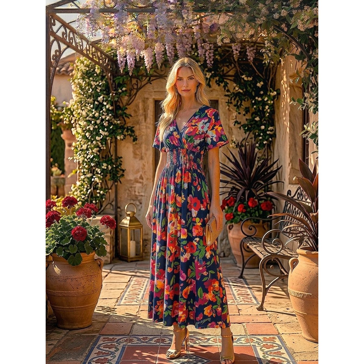 Sukienka maxi „Solar Garden” – kopertowy krój i marszczona wysoka talia – 610-9