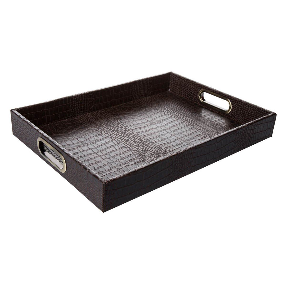 Plateau rectangulaire avec poignées en laiton crocodile marron foncé