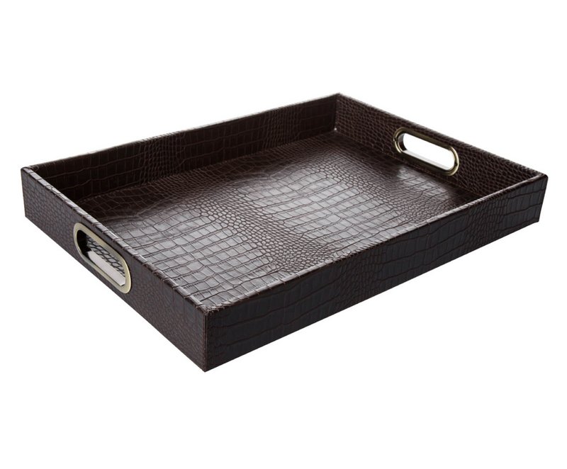 Plateau rectangulaire avec poignées en laiton crocodile marron foncé