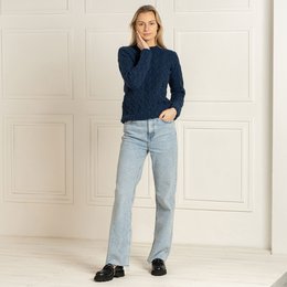 Damski sweter warkoczowy, wykonany w 100% z merynosów, Praga, ciemnoniebieski