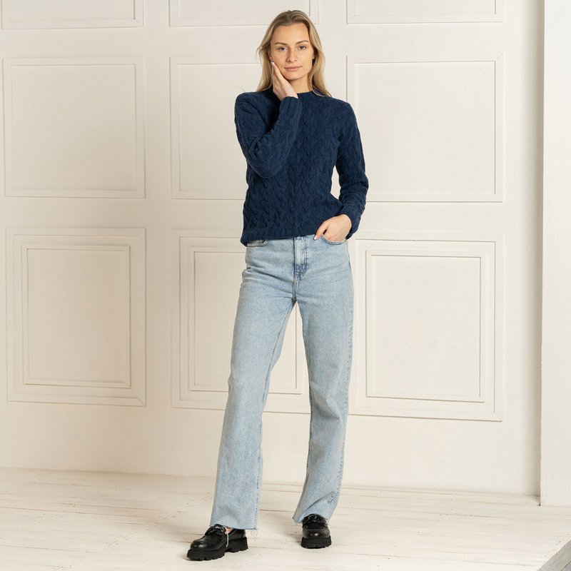 Damski sweter warkoczowy, wykonany w 100% z merynosów, Praga, ciemnoniebieski