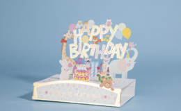 3D birthday card with cute animal friends, featuring a happy birthday message and a colorful cake with candles.