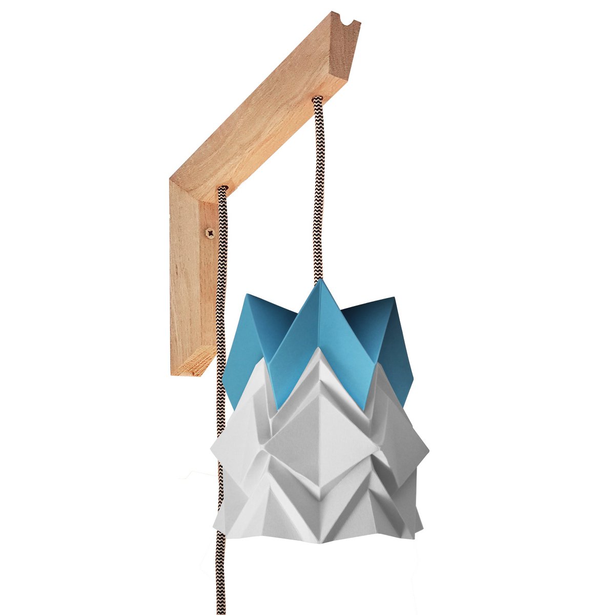 Holzwandleuchte und kleine zweifarbige Origami-Papierpendelleuchte