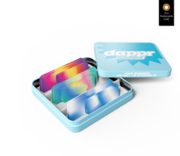 Colorful tie-dye style bandages in a compact tin container.