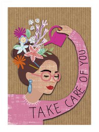 "Colorful floral card with a woman's face and the text 'Take care of yourself'"
The image depicts a greeting card with a vibrant, hand-drawn illustration. The card features a woman's face surrounded by a variety of flowers, leaves, and other natural elements in a range of colors. The text on the card reads "Take care of yourself".
