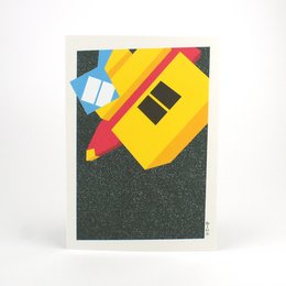 Colorful abstract art card with geometric shapes and patterns in yellow, blue, and black on a dark background.