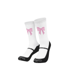White socks with pink ballet bows, black shoe design, playful ballerina-themed silly socks.