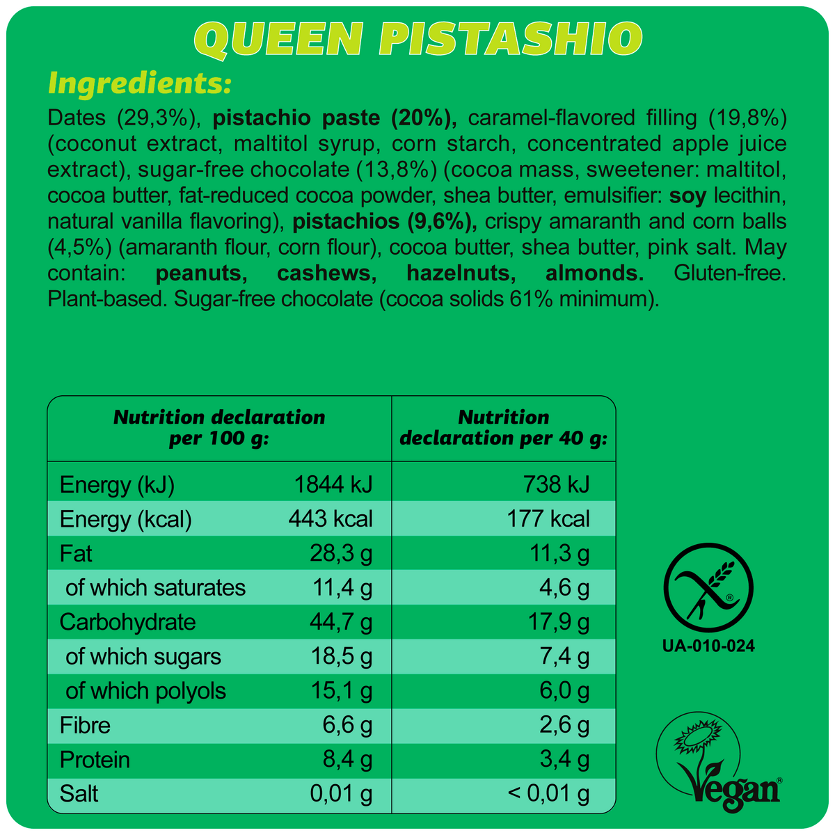 Vegan Gluten Free Bar "Queen Pistachio" 40G